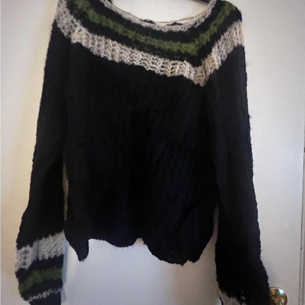 Free People Black and Green Striped Sweater